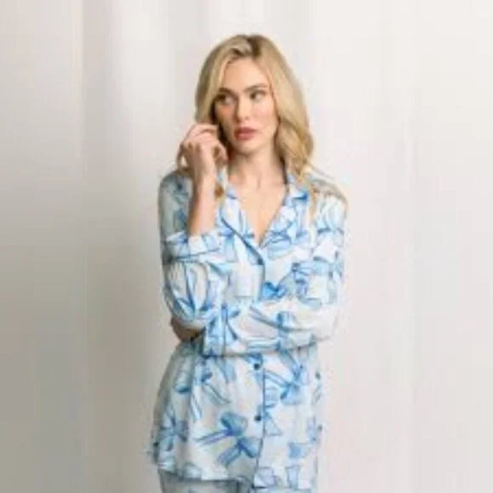 In My Sundays Blue Bow Long Pajama Set - L
